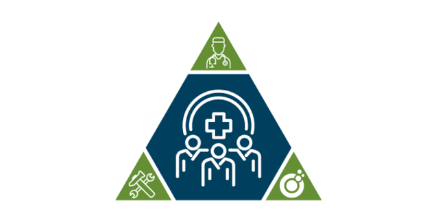A triangular diagram with three sections. The top section shows a doctor icon, the left features tools for sampling, and the right displays a chemistry flask used in mold investigation. The center has a blue section with a cross above three people.